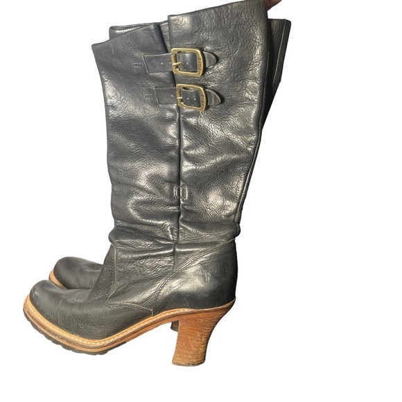 Frye Mildred Engineer Buckle Pull-On Boots Chunky Block Heel Black Women's 9 - Picture 1 of 13